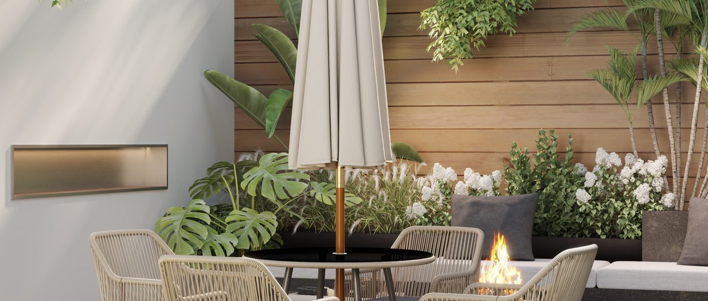 Set de canapele și măsuță modernă pe o terasă elegantă, decorată în stil contemporan cu accente minimaliste