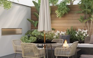 Set de canapele și măsuță modernă pe o terasă elegantă, decorată în stil contemporan cu accente minimaliste