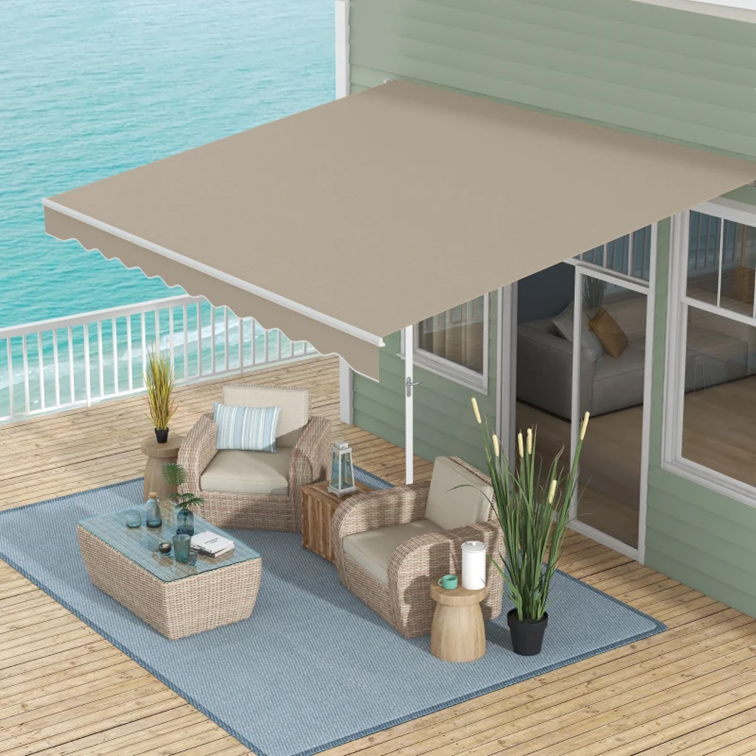 A patio with a deck and a large awning over it

AI-generated content may be incorrect.
