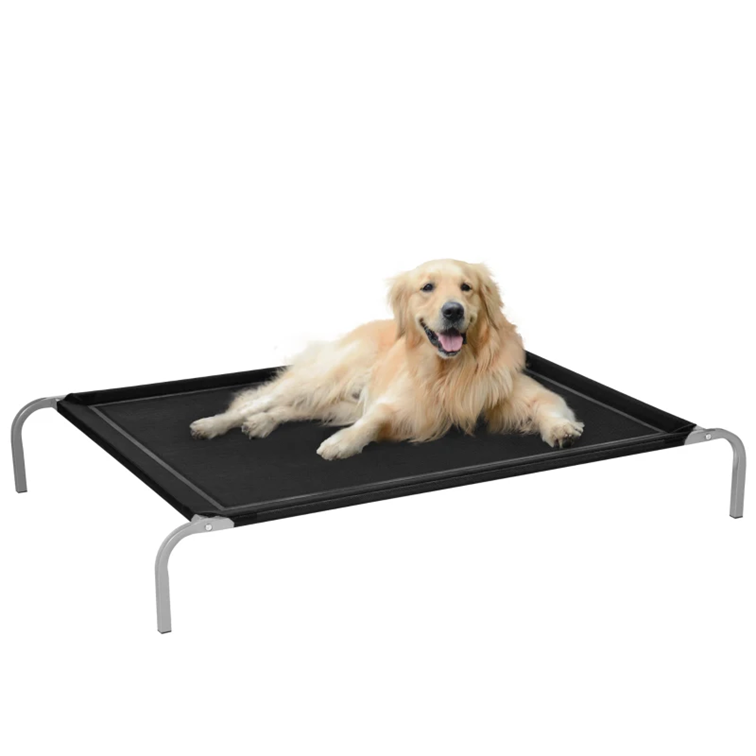 Un caine pe un pat de caini negru